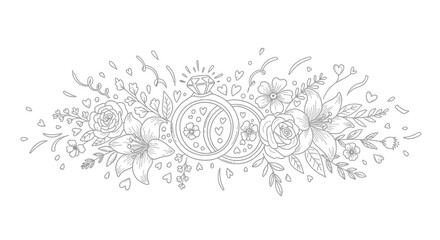 Obraz premium Elegant Wedding Ring Illustration with Floral Accents and Decorative Elements