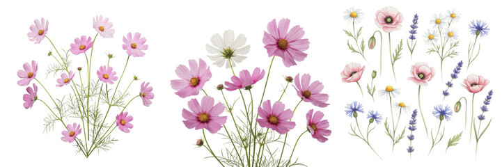 Pink Cosmos and Wildflower Clipart Set - Romantic Meadow Blossom Bouquets with Lavender, Daisies, and Poppies for Wedding Invitations and Summer Floral Designs © Wazir