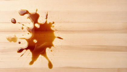 Fototapeta premium Stain on Wood Surface: A close-up shot of a dark stain spreads dramatically across a light wood surface, creating a stark contrast. The spill evokes the imperfection.