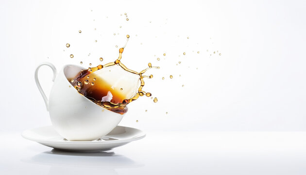Dynamic Brew: Capturing a precise instant, this image spotlights a cup of coffee at the cusp of a spill, a captivating display of motion, perfect for artistic endeavors.