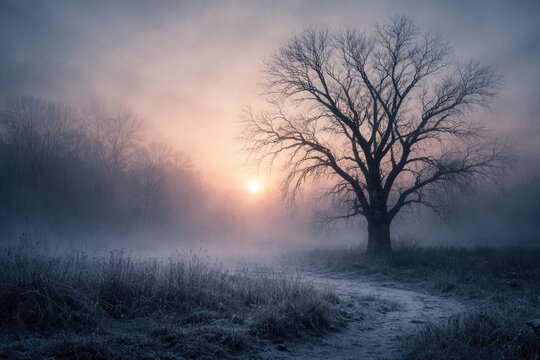Winter dawn with chilly fog and barren tree silhouette