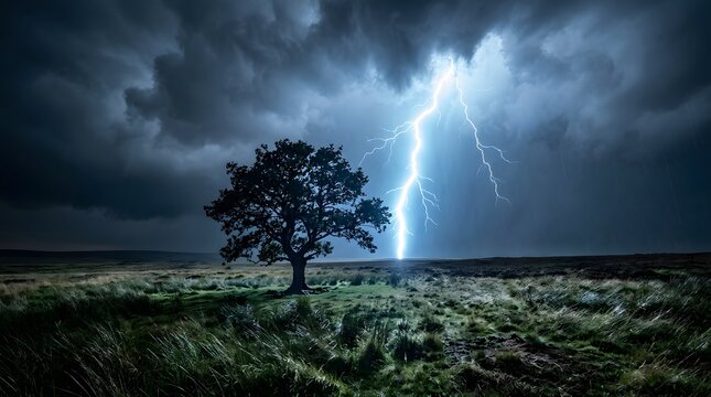 Lightning Bolt Striking Behind Lone Tree in Open Field &ndash; Blue White Flash Illumination