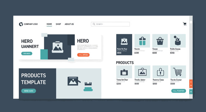 E-commerce web page template, online store layout, shopping website design, digital products showcase
