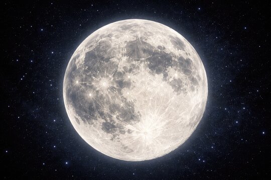 A stunning close-up view of the radiant full moon showcasing detailed lunar surface textures