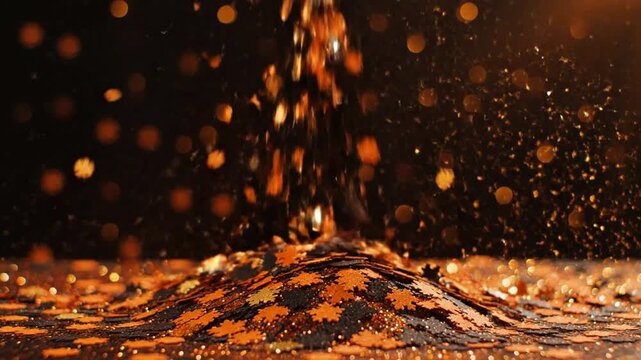Sparkling Orange Leaf Confetti Falling Onto Glittery Pile | Autumn Magic