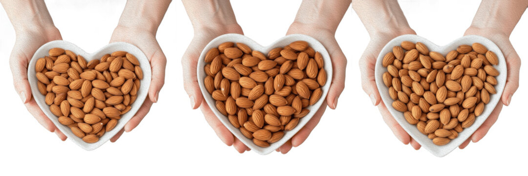 Set of Three Hands Holding Heart Shaped Bowls with Raw Almonds PNG