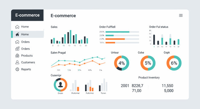 E-commerce analytics dashboard, business data visualization, sales performance metrics, infographic template, vector graph charts