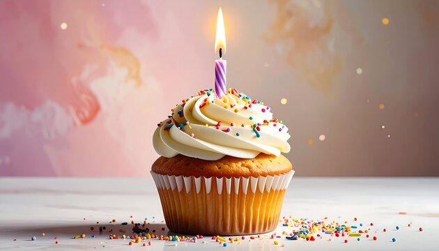 A birthday cupcake with white frosting and colorful sprinkles