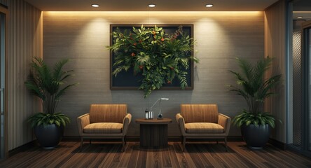Fototapeta premium Quiet healthcare waiting area with plush chairs and flourishing botanical accents