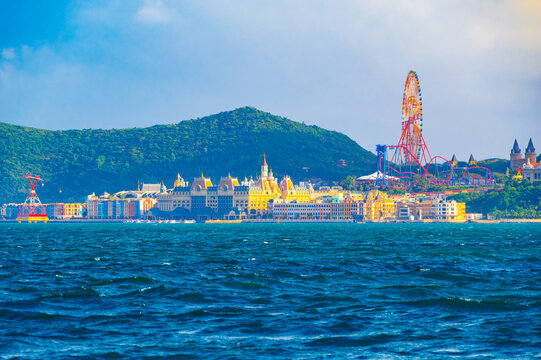 sea view of Hon Tre Island with Vinpearl Tourist Amusement Park with castles in Nha Trang resort city in Vietnam