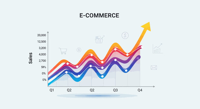 E-commerce business growth chart, colorful sales graph vector, rising trend arrow, financial analysis template