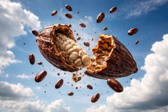 Levitation of a broken cocoa pod and scattered beans in the sky