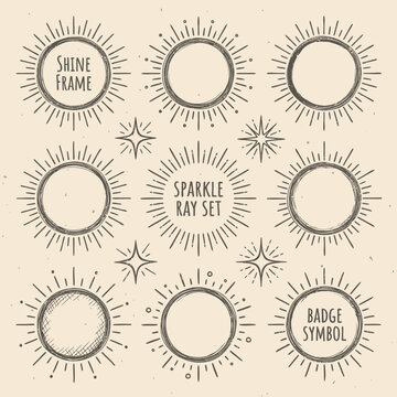 Doodle circle sunburst, sparkle ray set. Hand drawn sketch style. Shine frame symbol for badge. Vector illustration 