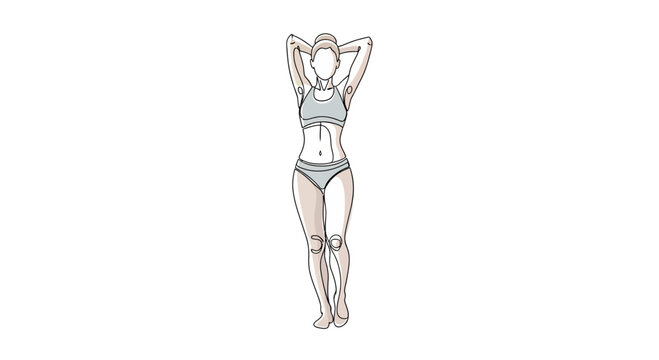 Full body illustration of a person in a sporty two-piece outfit with hands behind the head