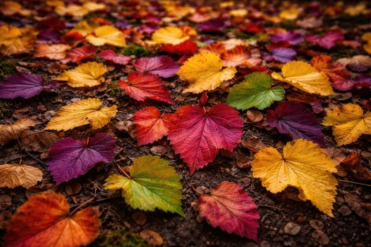 Vibrant autumn mulberry leaves scattered over earth as a natural carpet