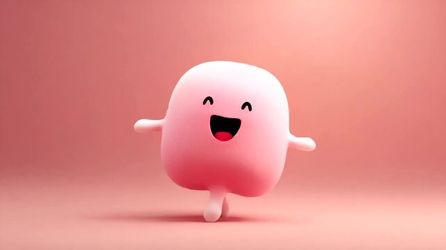 Cheerful pink character jumping in a minimalist setting