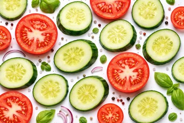 Naklejka premium Cucumber and Tomato Slices Arranged on White Background