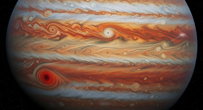 Stunning detailed view of Jupiter's banded atmosphere showcasing the Great Red Spot and other swirling storms.