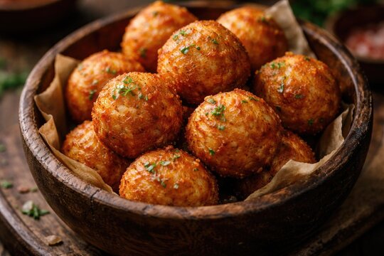 Close up vertical shot of crispy fried fish ball snacks served in a rustic wooden bowl