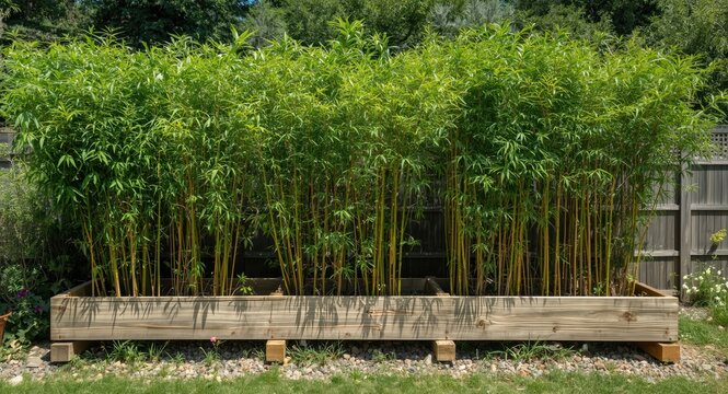 Wooden railway sleeper raised bed hosting dense bamboo plants for garden privacy on a sunny day