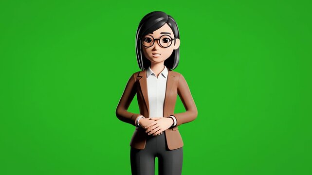 3D cartoon businesswoman presenting with open arms on green screen