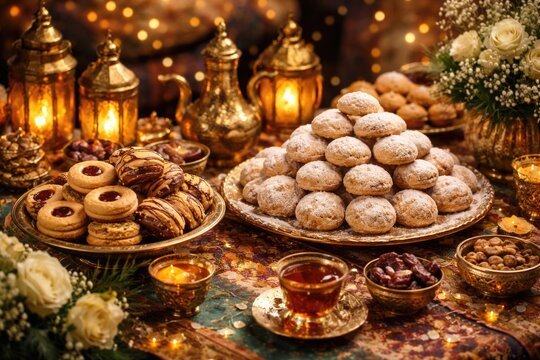Traditional Eid celebration with Kahk cookies and sable treats on festive table