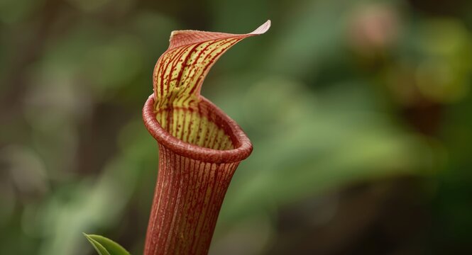 Vivid portrait of an insectivorous flower from Sarracenia with a gentle out of focus background