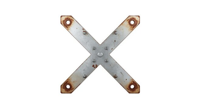 X shaped metallic girder component showing rivet fasteners on plain white background