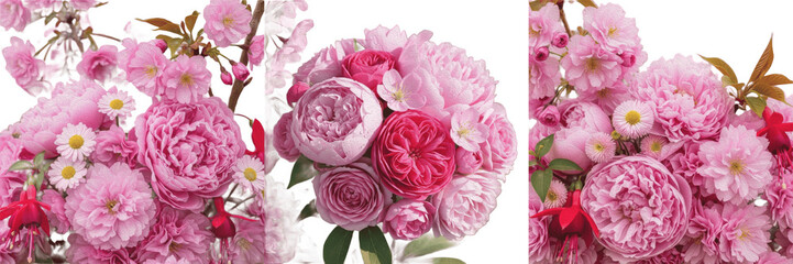 Fototapeta premium Set of Pink Peony Flowers and Cherry Blossom Bouquets Isolated on White Background