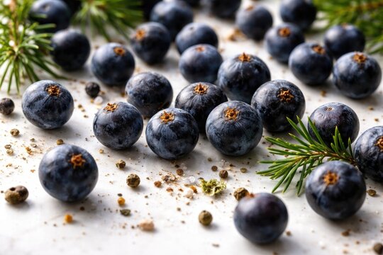 Close-up shot of ripe juniper berries scattered on a white tabletop enhancing flavor notes