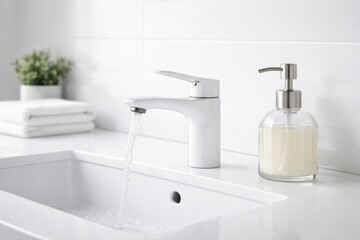 Fototapeta premium White bathroom sink faucet paired with liquid soap dispenser on clean countertop with copy space