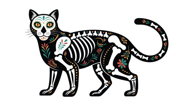 Stylized black cat decorated with traditional Day of the Dead skeleton patterns and colorful floral designs in a festive Mexican style.