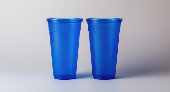 Two blue plastic drink cups with elongated shape