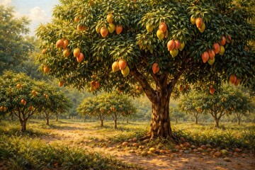 Fototapeta premium Oil painting of a lush mango tree heavy with ripe fruit amidst a modest grove of young trees