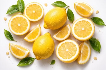 Fototapeta premium Fresh Lemon Slices and Whole Lemons Arranged on White Background