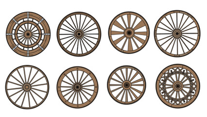 Fototapeta premium Collection of vintage wooden wagon wheels in various designs and spoke patterns used for historical transportation and farming.