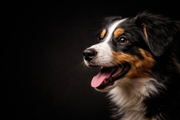 Fototapeta premium Close-up profile of a playful dog face on a dark background with copy space for text usage