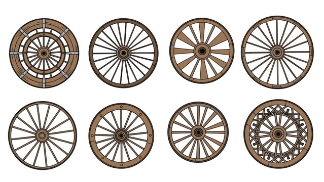 Collection of vintage wooden wagon wheels in various designs and spoke patterns used for historical transportation and farming.