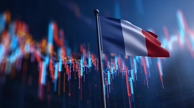 France national flag waving on metal flagpole against blurred stock market candlestick chart and data analysis background in dark scene showing economic growth and global trade motion footage.