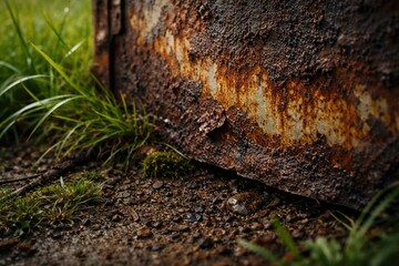 Fototapeta premium closeup view of weathered rusty metal texture with natural landscape featuring green grass and brown soil