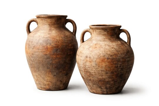 Pair of traditional clay water jars showcasing rustic texture on a clean white background