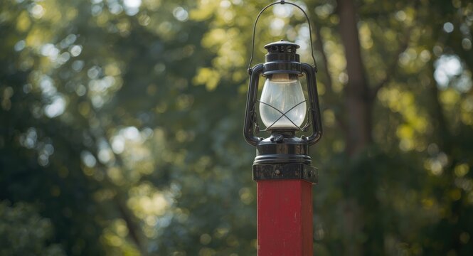 Vintage gaslight lantern fixed atop a tall red wooden post during bright summer conditions