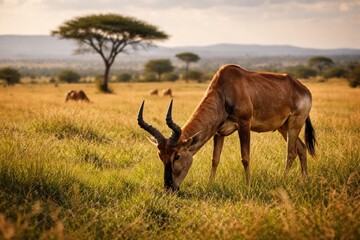 Naklejka premium Wild Hartebeest Grazing in Golden African Savannah Under Soft Evening Light