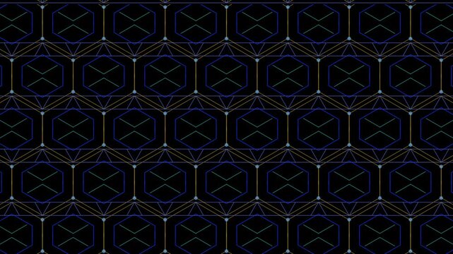 Seamless geometric pattern with gold circles and hexagonal lattice on black background.