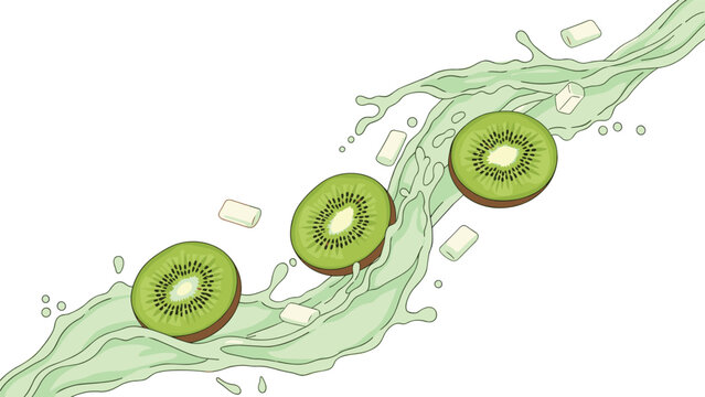 Fresh green kiwi slices splashing through a wave of fruit juice with small marshmallows scattered along the dynamic liquid flow.