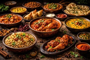 Obraz premium Traditional Indian cuisine with a variety of flavorful dishes