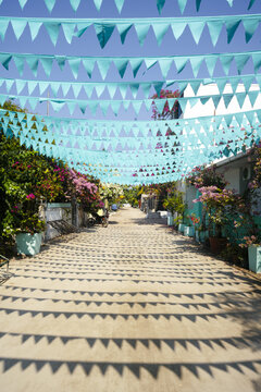 Street with flags and flowers on a local island in the Maldives