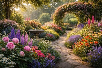 Fototapeta premium Serene garden scene with vibrant flowers blooming abundantly