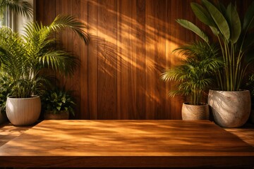 Fototapeta premium Empty fine wooden table with tropical palm plants in stylish pots as product display backdrop with sunlight on teak wood wall panel