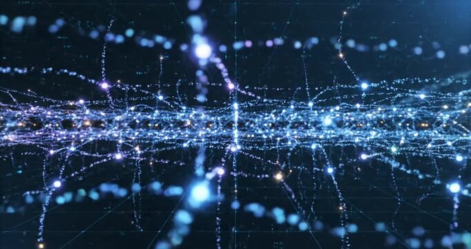 Abstract visualization of interconnected data points and light trails in a digital landscape